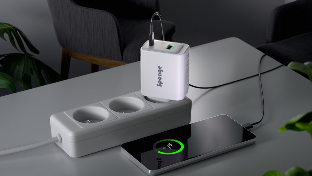 Telefono ir nešiojamo kompiuterio įkroviklis SPONGE Charger C2, 45 W, USB-C ir USB-A, GaN TÜV sertifikatas