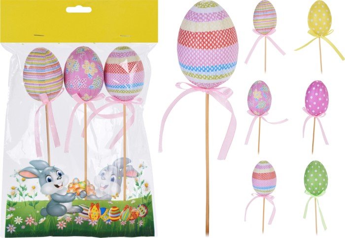 Dekoracija Velykinis kiaušinis ant pagaliuko, 3 vnt., 2 skirtingos sp.