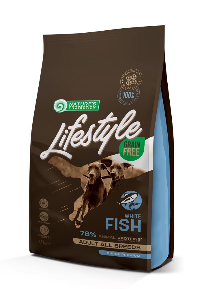 Sausas šunų ėdalas NATURE'S PROTECTION LIFESTYLE, be grūdų, suaugusių visų veislių šunų pašaras, su balta žuvimi, 1,5kg