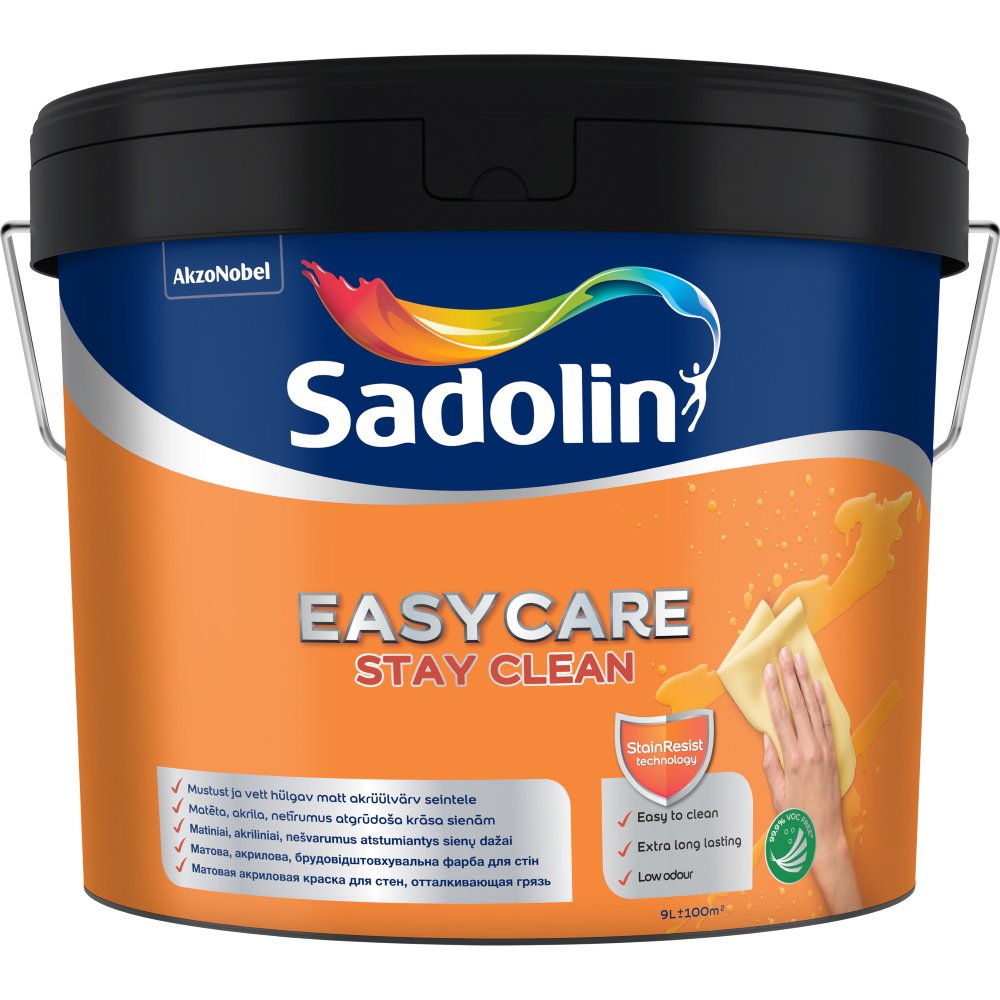 Vandeniniai sienų dažai SADOLIN Easycare Stay Clean, 9 l, BW bazė, nešvarumus atstumiantys