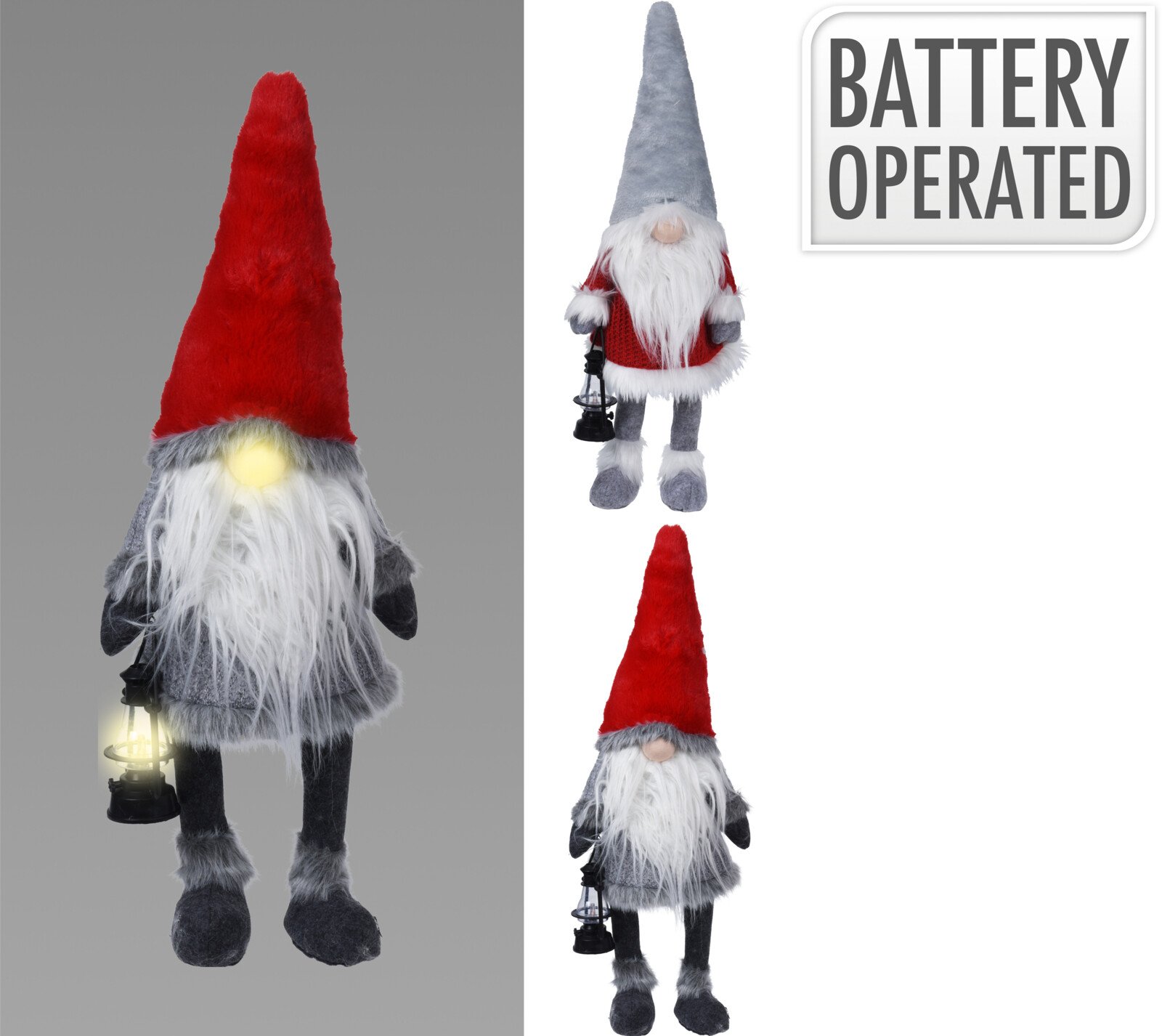 Kalėdinė LED dekoracija Gnomas, su raudona arba pilka kepure, 26 x 18 x 51 cm