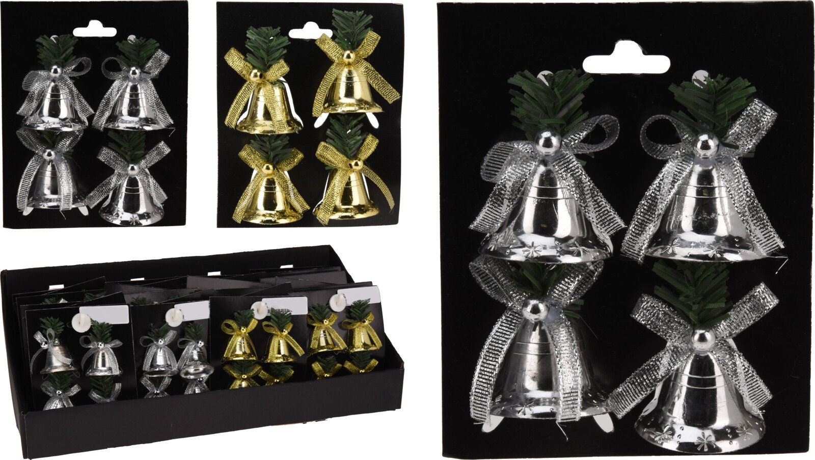 Kalėdinė dekoracija Varpelis, 4 vnt., pakabinama, skirtingų sp., 3,8 x 3,8 x 4 cm