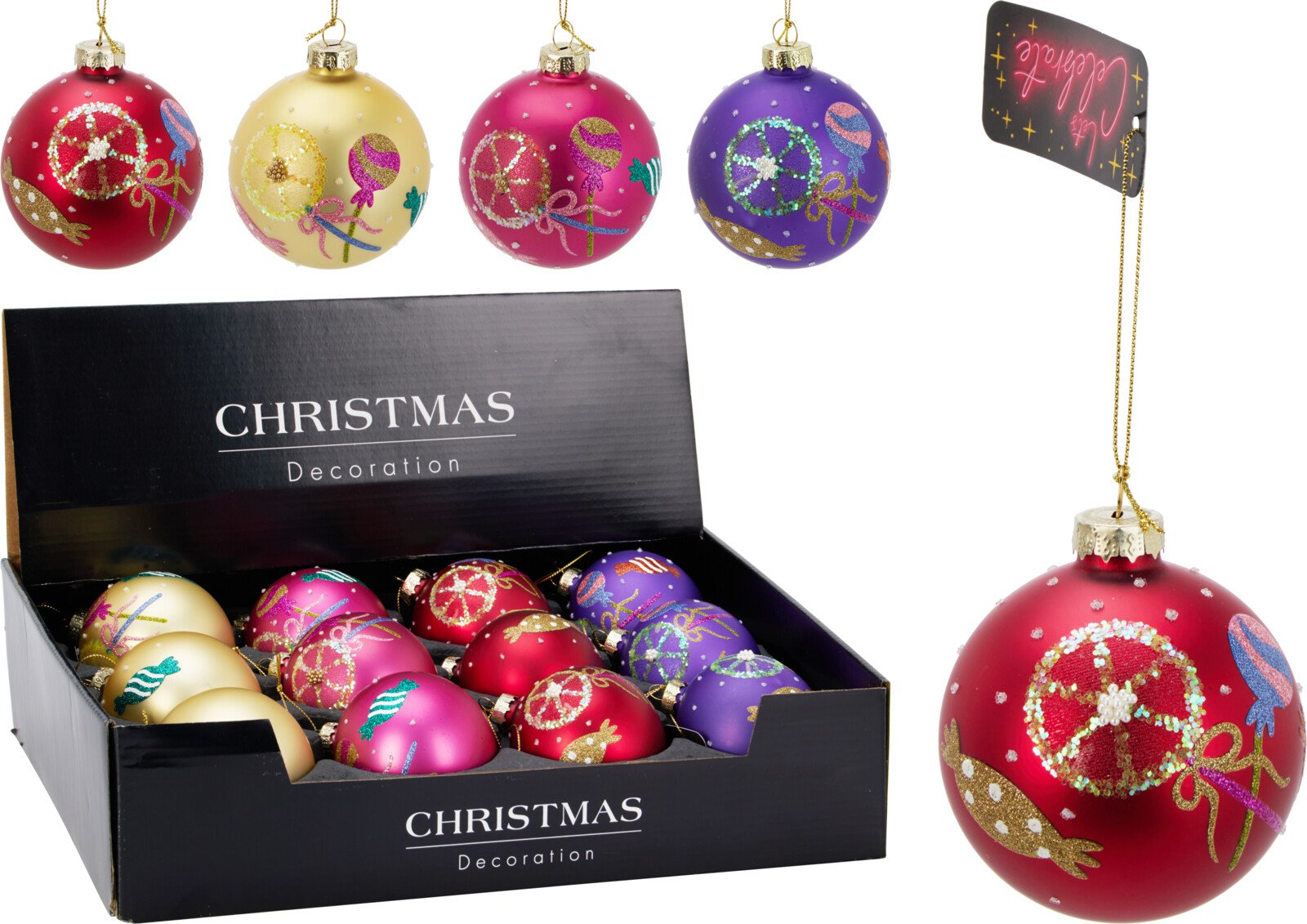 Eglutės žaisliukas, stiklas, su saldainių motyvais, 4 skirtingos sp., skersmuo 8 cm