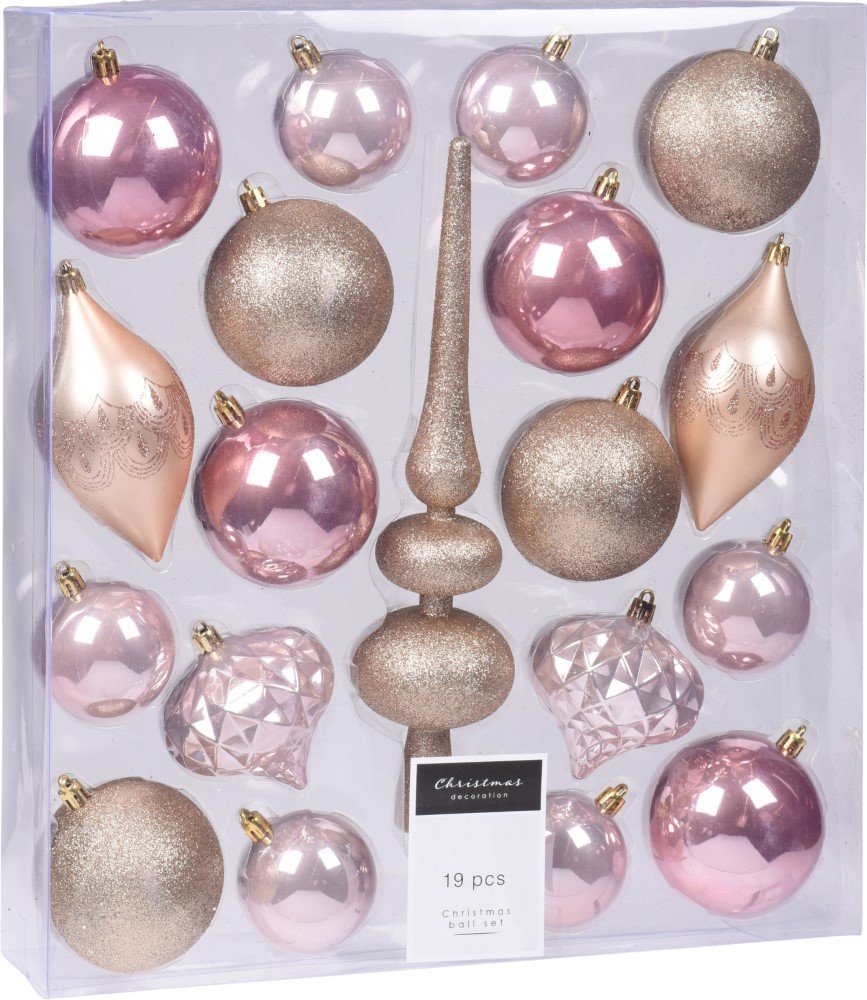 Eglutės žaisliukų rinkinys, 19 vnt., rožinės/rausvos sp., rinkinyje: eglės viršūnė, svogūno formos žaisliukai, varvekliai, kamuoliukai