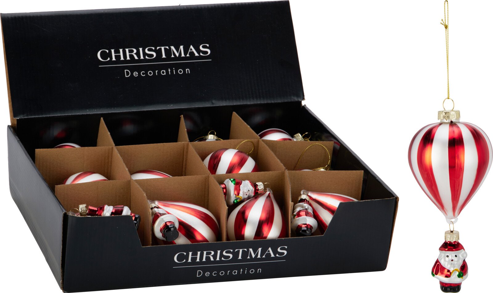 Eglutės žaisliukas Oro balionas, stiklas, raudonos/baltos sp., 7 x 7 x 16 cm