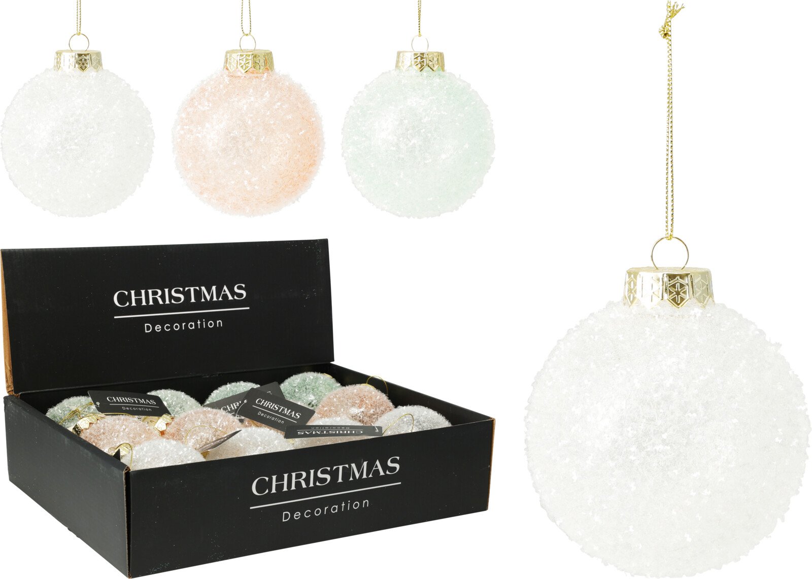 Eglutės žaisliukas, 3 skirtingos sp., blizgūs, skersmuo 8 cm