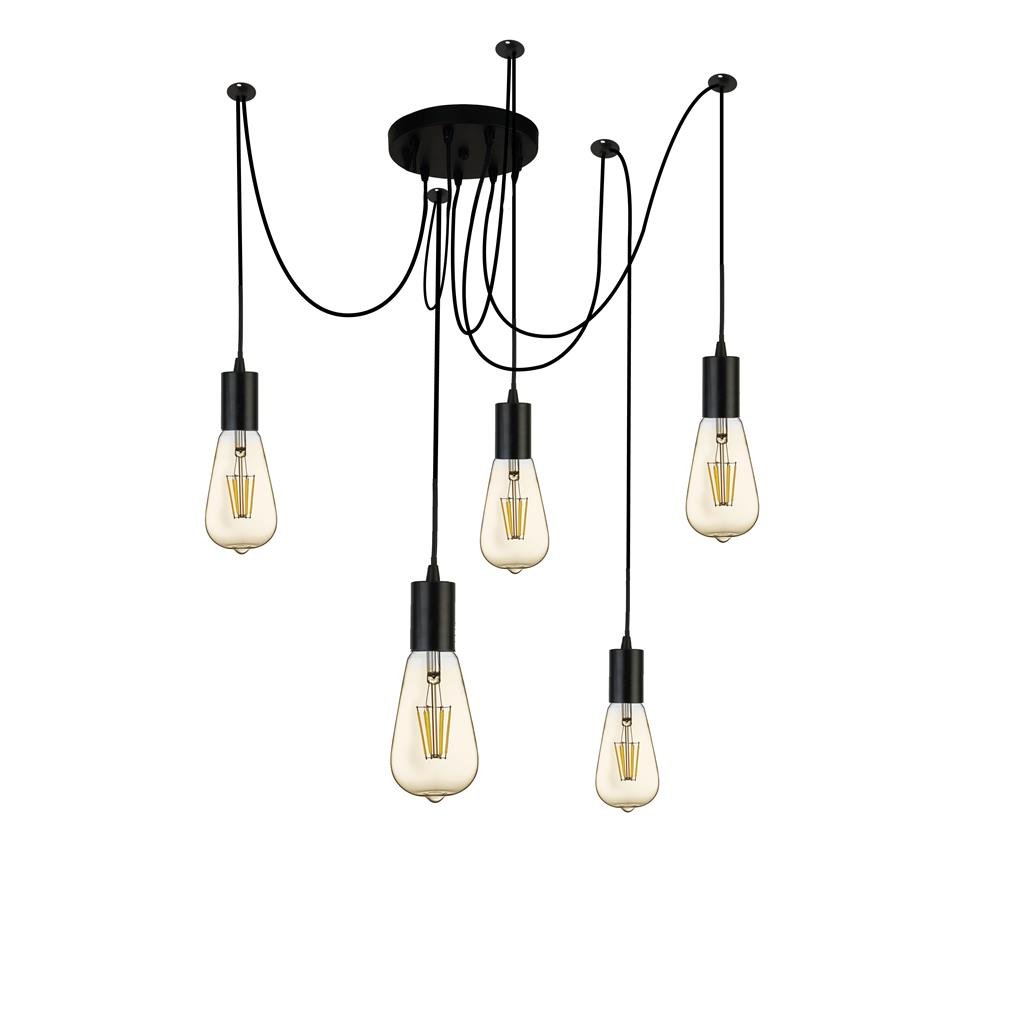 Pakabinamas šviestuvas SEARCHLIGHT Squiggle, 5LT, E27, 5x60W, AXPxG 202x15x15 cm, juodos sp., 9665-5BK
