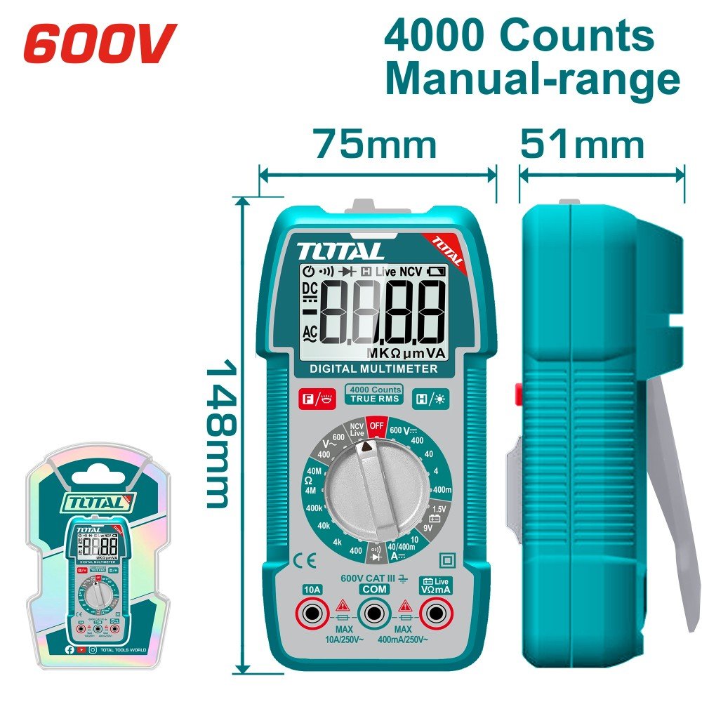 Skaitmeninis multimetras TOTAL TMT536002, 4000 skaitmenų. AC/DC įtampa: 400mV/4V/40V/600V, DC įtampos matavimas: 40mA/400mA/10A