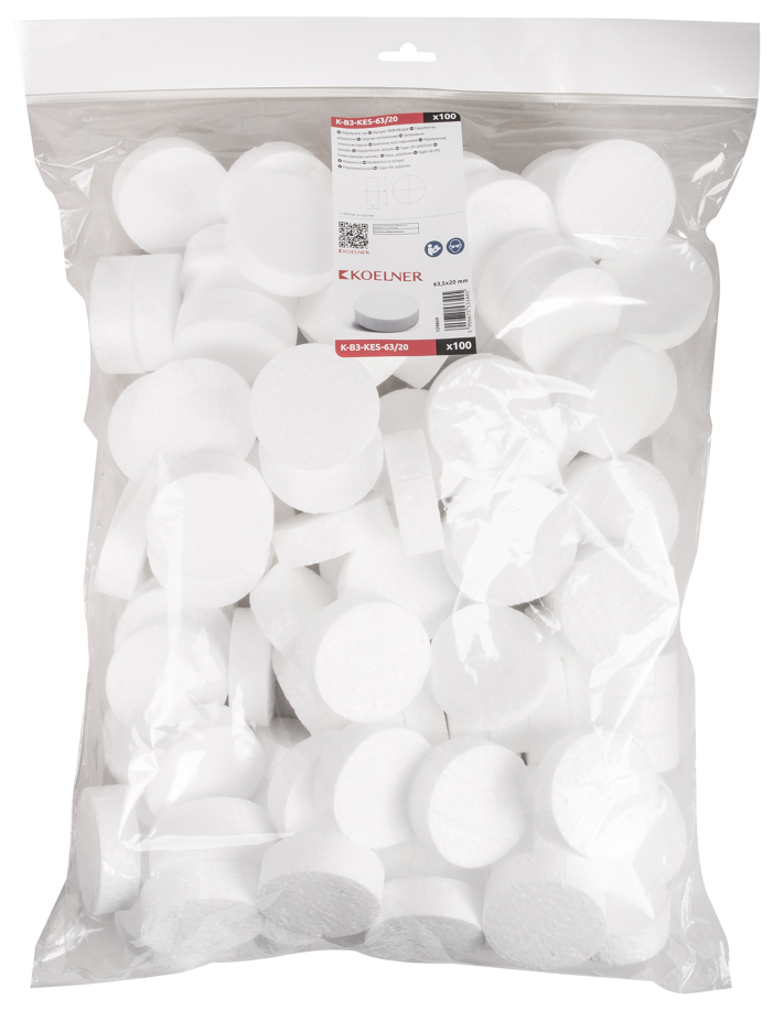 Polistirolo tabletė KOELNER, d-63 mm, storis 20 mm, baltos sp., 100 vnt.