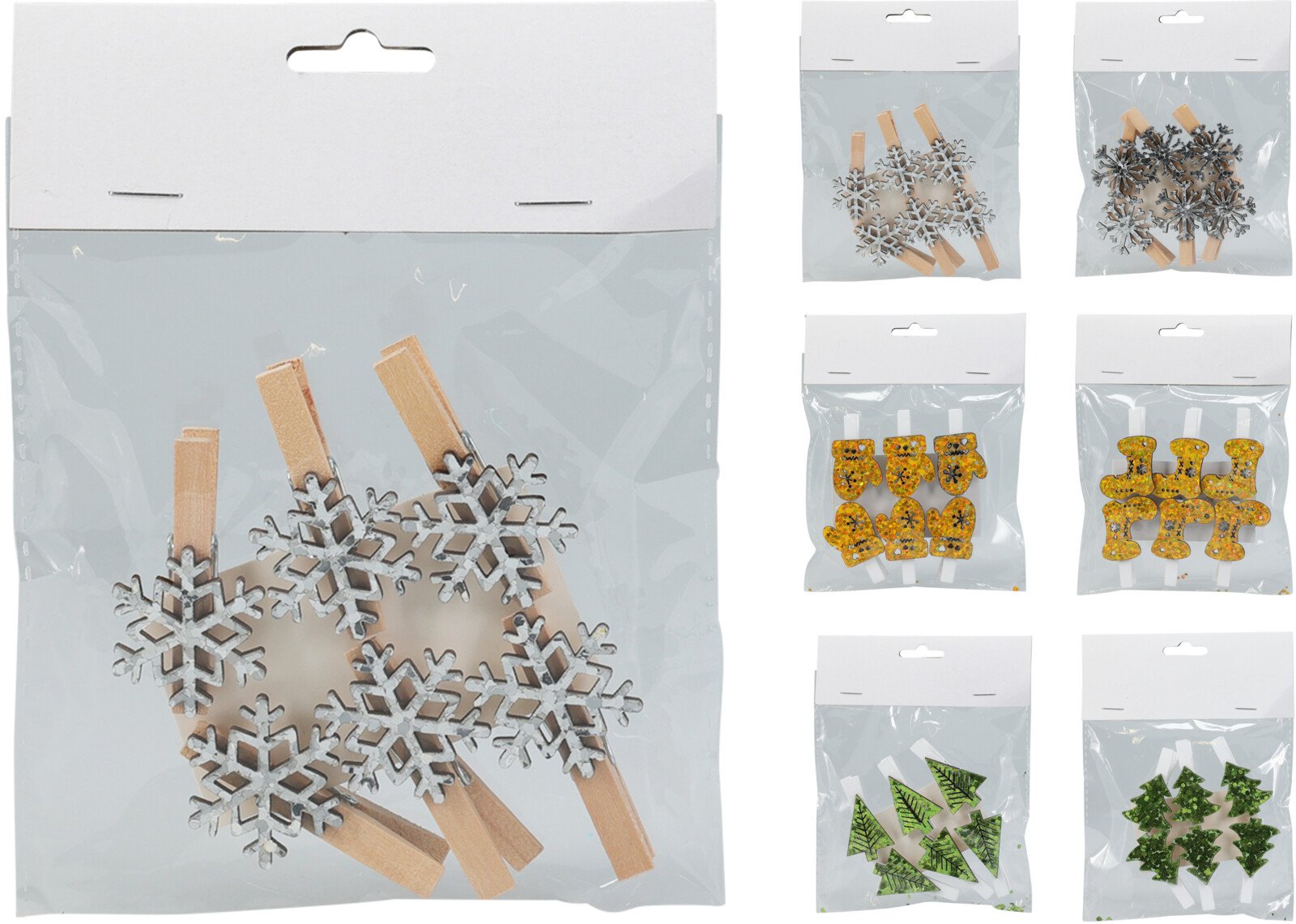 Kalėdinė dekoracija, 3 vnt., su segtukais, kalėdiniai motyvai (pirštinės, kojinės, snaigės, eglutės), 12 x 14 x 1,5 cm