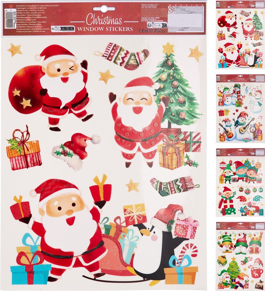 Kalėdiniai langų lipdukai Kalėdų senelis, su spalvotu blizgučiu, 4 skirtingi dizainai, 30 x 42 cm