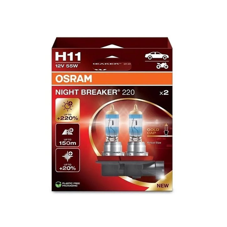 Automobilinė lemputė OSRAM Night Breaker, 220%, H11 55W 12V, PGJ19-2, 2 vnt