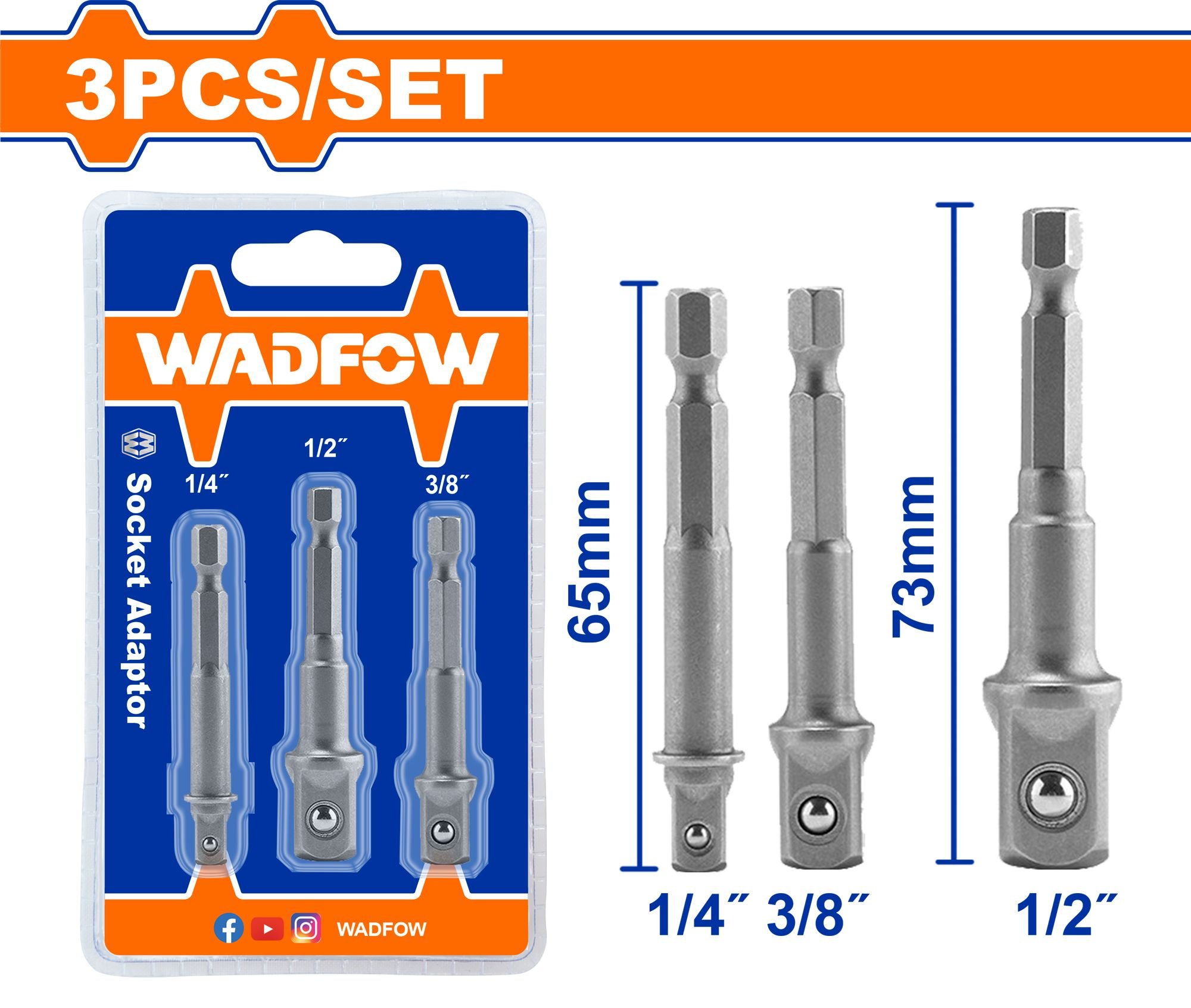 Perėjimai galvutėms WADFOW, 1/4", 3/8", 1/2", 3 vnt., WSV4K01