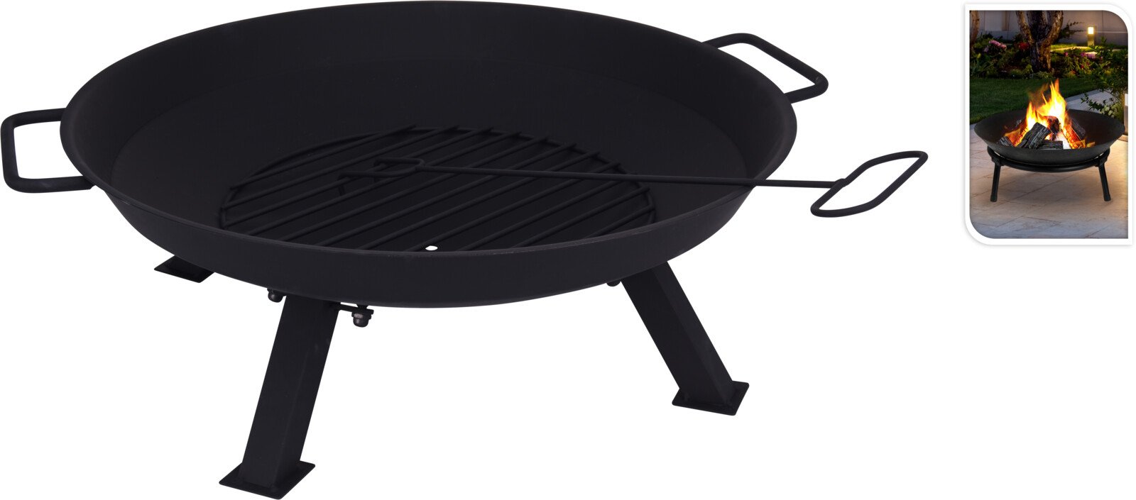 Laužavietė, aukštis 22cm, skermuo 56cm, metalinė,su  žarstekliu, 4 kojos