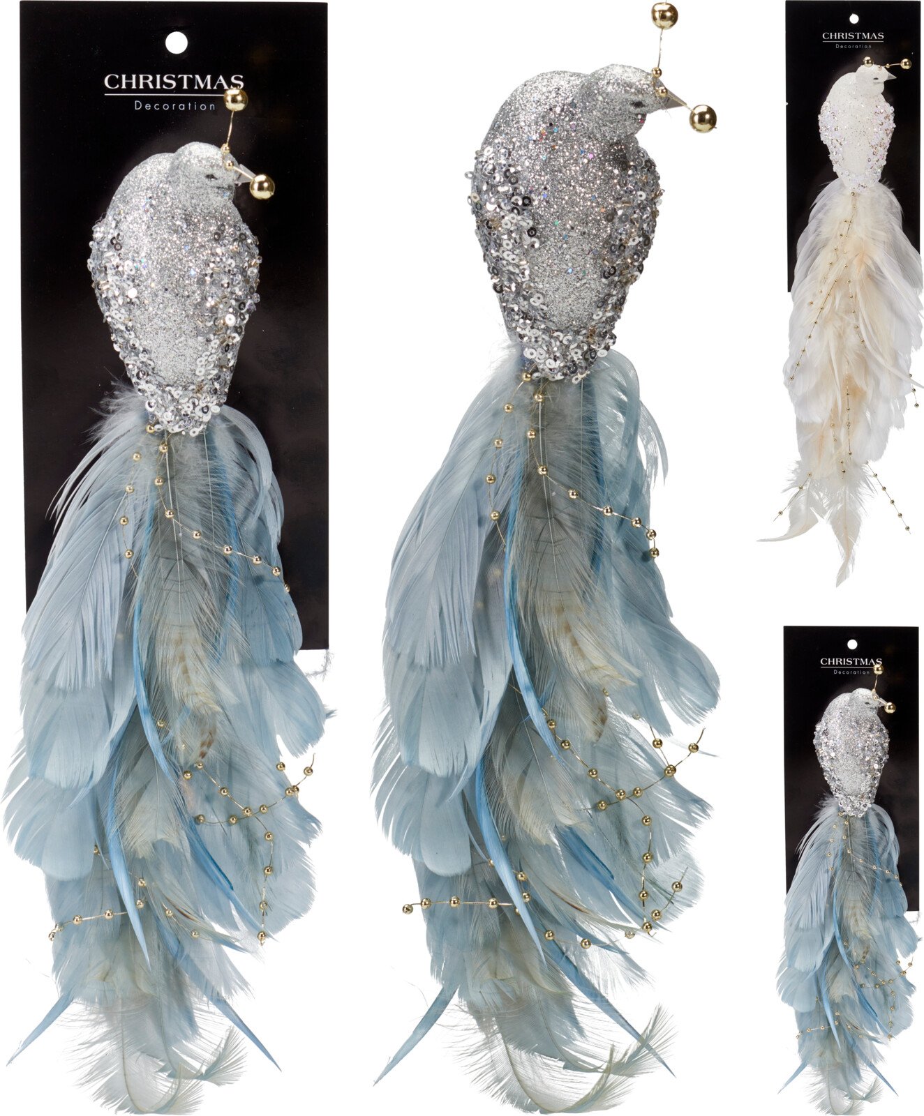 Kalėdinė dekoracija Povas, su segtuku, su plunksnomis, 2 spalvų (balta, pilka), 38 x 5,5 x 6 cm