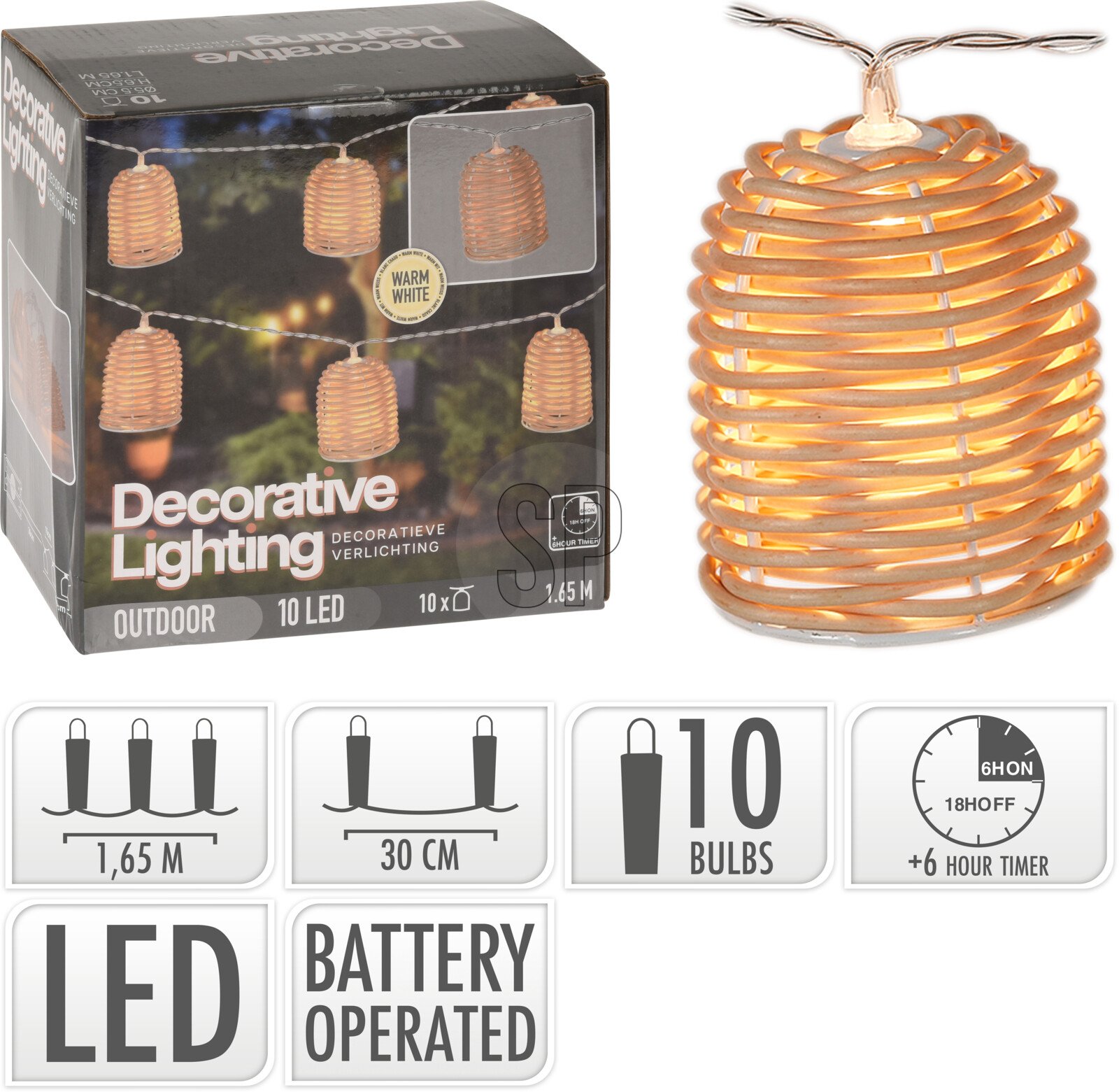 LED terasos žibintų girlianda, 10 vnt. žibintų, su elementais