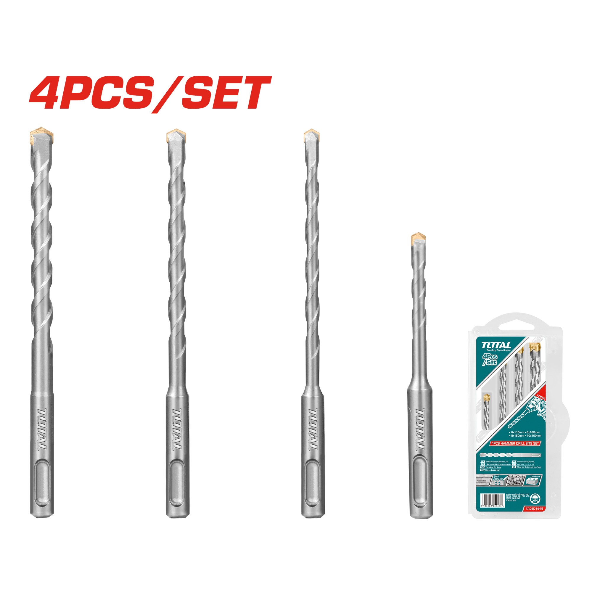 Grąžtų rinkinys TOTAL, betonui, SDS plus, (6-10 mm), 4 vnt., TACSD1945