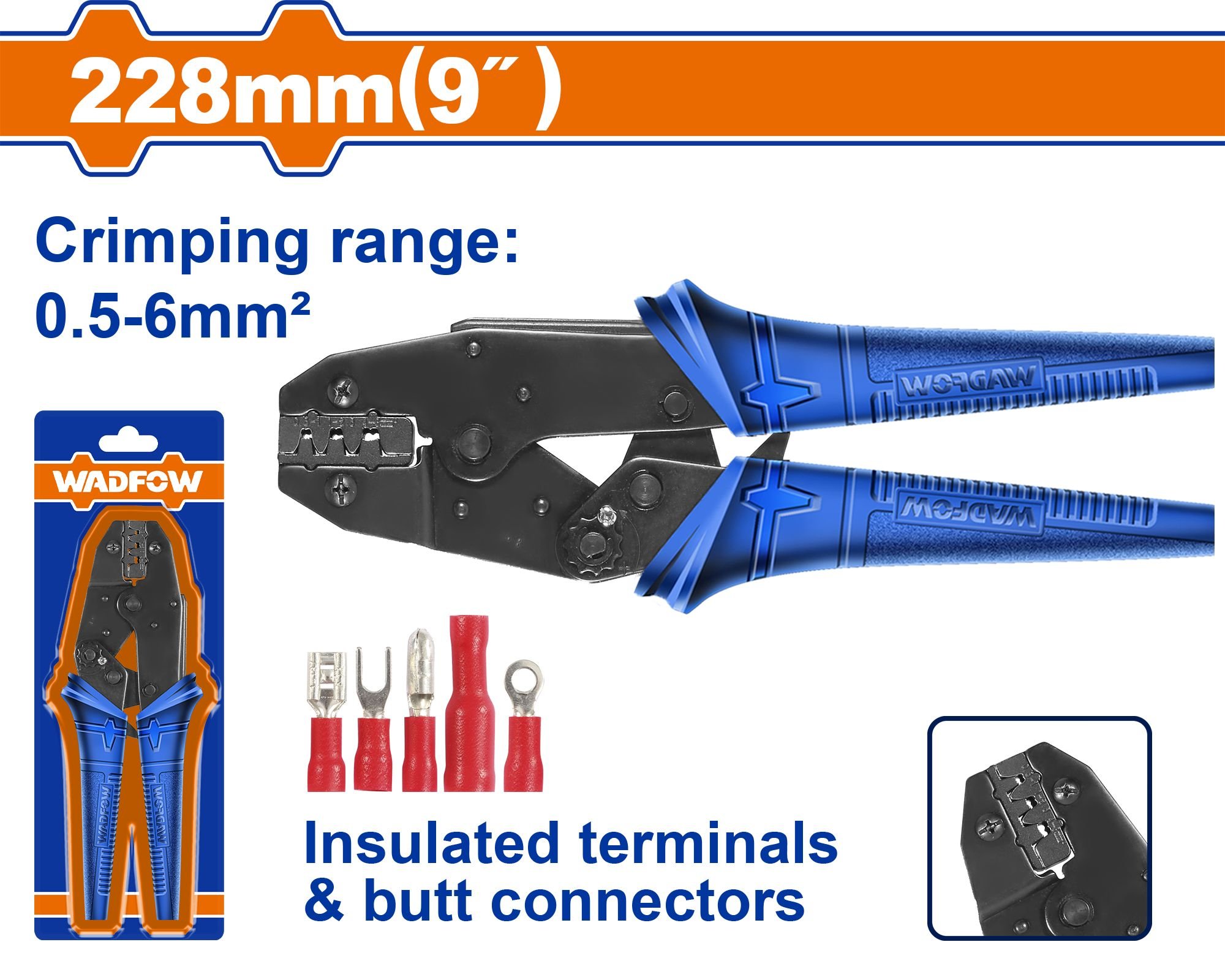 Užspaudimo replės izoliuotiems laidų antgaliams WADFOW, 0.5-6 mm2, 228 mm, WCP3609