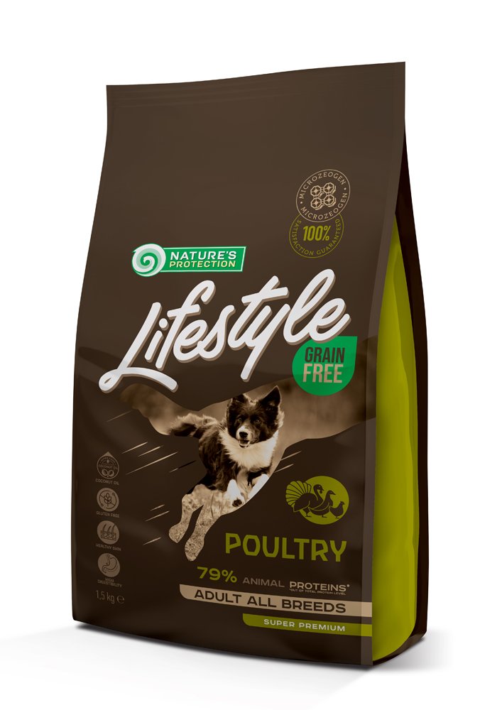 Sausas šunų ėdalas NATURE'S PROTECTION LIFESTYLE, be grūdų, suaugusių visų veislių šunų sausas pašaras, su paukštiena, 1,5kg