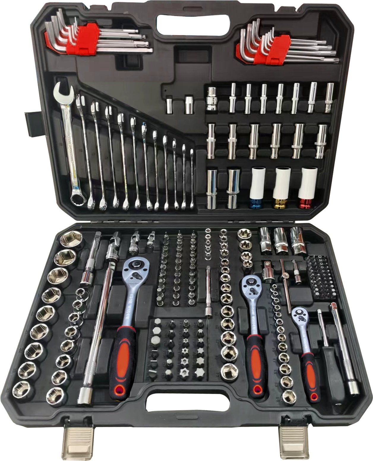 Įrankių komplektas TRIMAX, komplekte 1/2", 3/8", 1/4'' terkšliniai veržliarakčiai ir galvutės, 222 vnt.