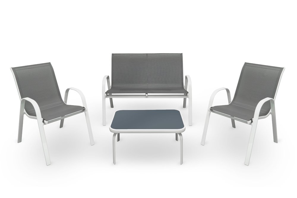 Lauko baldų komplektas NOVELLY HOME FS218-KD, iš plieno, tekstileno, grūdinto stiklo, pilkos sp., 2 kėdės 55 x 59 x 86 cm, dvigubas krėslas, stalas
