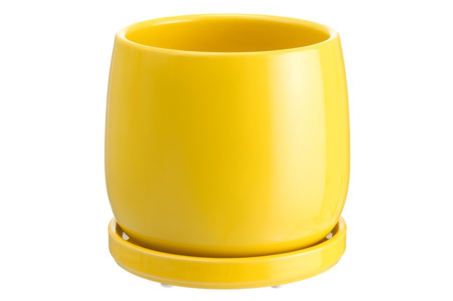 Kambarinis keraminis vazonas 4Living Heidi, su lėkštute, geltonos sp., 14,5 x 14,5 x 15 cm.