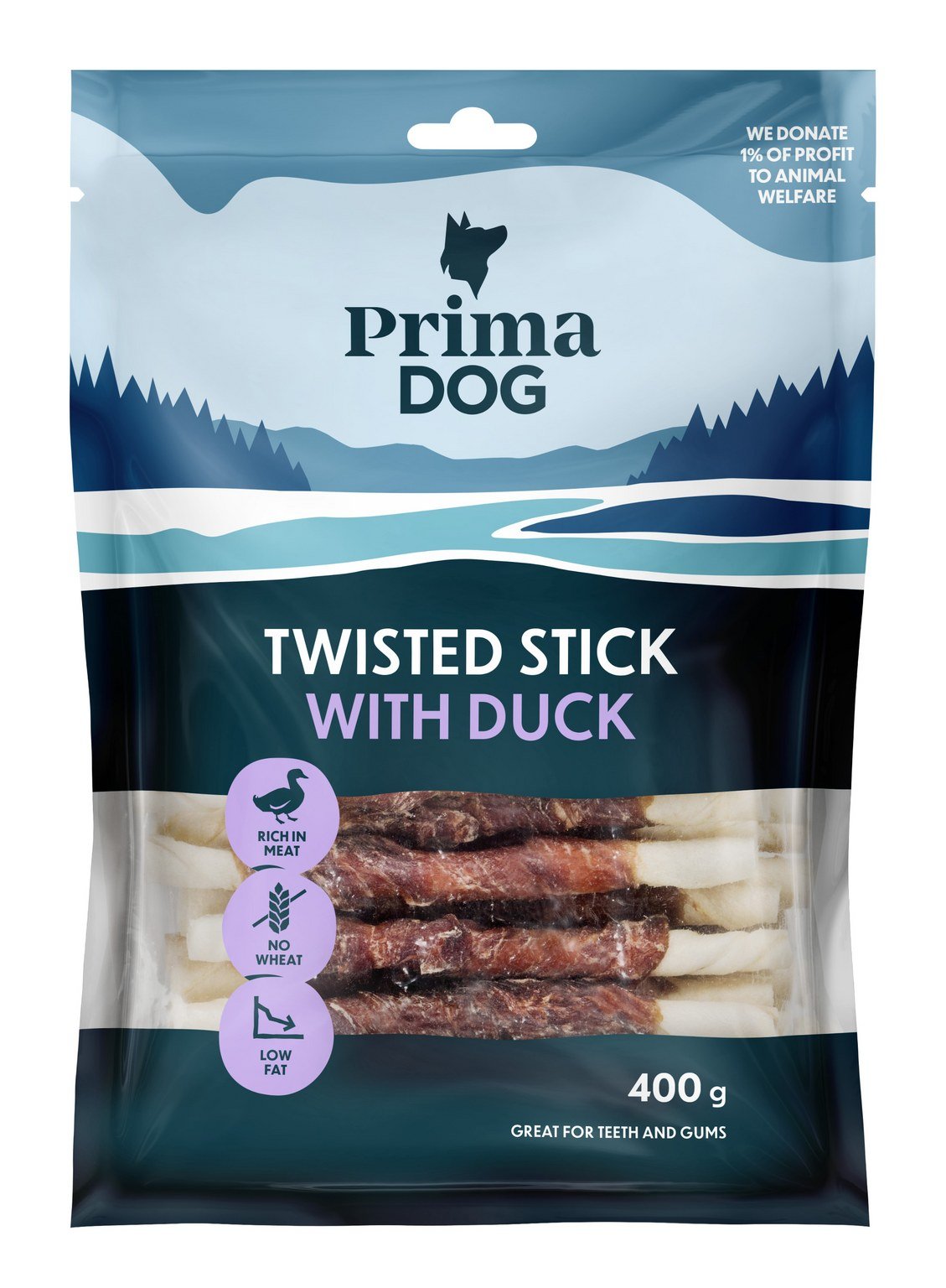 Skanėstas šunims PRIMADOG, antienos ir apdorotos odos lazdelė, 13cm, 45vnt, 400g