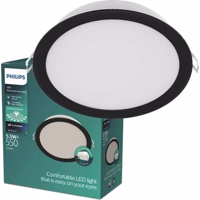 Montuojamas šviestuvas panelė PHILIPS Meson, įleidžiama, LED 5,5 W, 4000K, 550lm, apvali, juodos sp., 90 mm skersmens