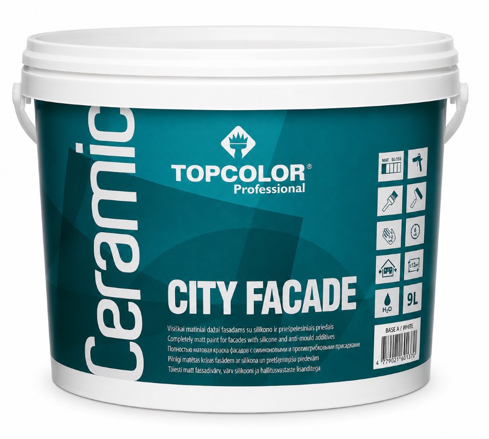 Fasadiniai dažai su antipelėsiniais priedias TOPCOLOR Ceramic City Facade, 9 l, balti, matiniai
