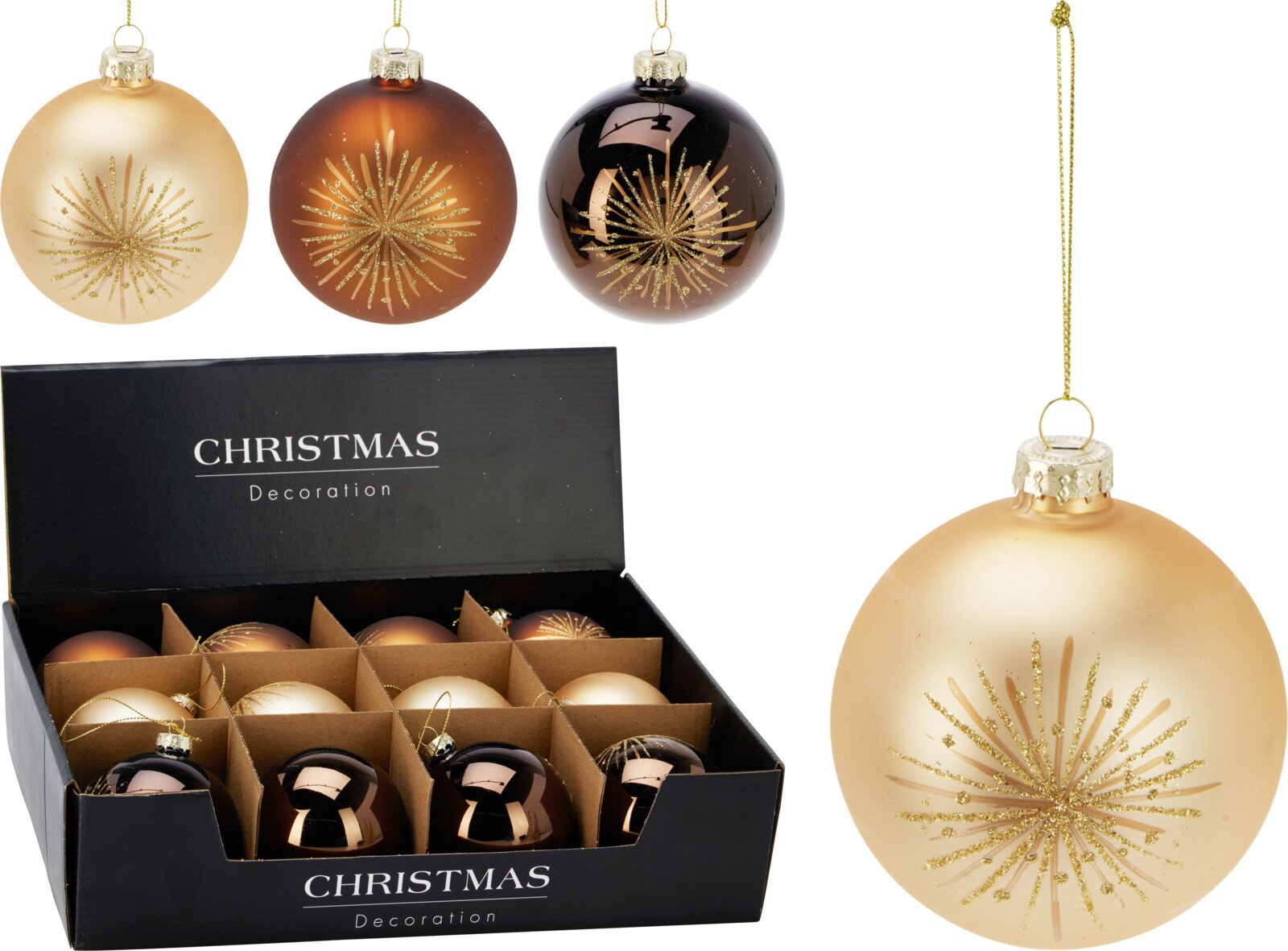 Eglutės žaisliukas, stiklas, 3 skirtingos sp., su auksiniais blizgučiais, skersmuo 8 cm