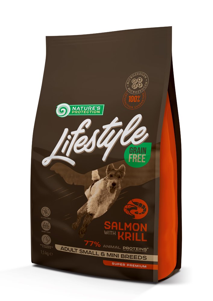 Sausas šunų ėdalas NATURE'S PROTECTION LIFESTYLE, be grūdų, suaugusių mažų ir labai mažų veislių šunų sausas pašaras, su lašiša ir kriliu, 1,5kg