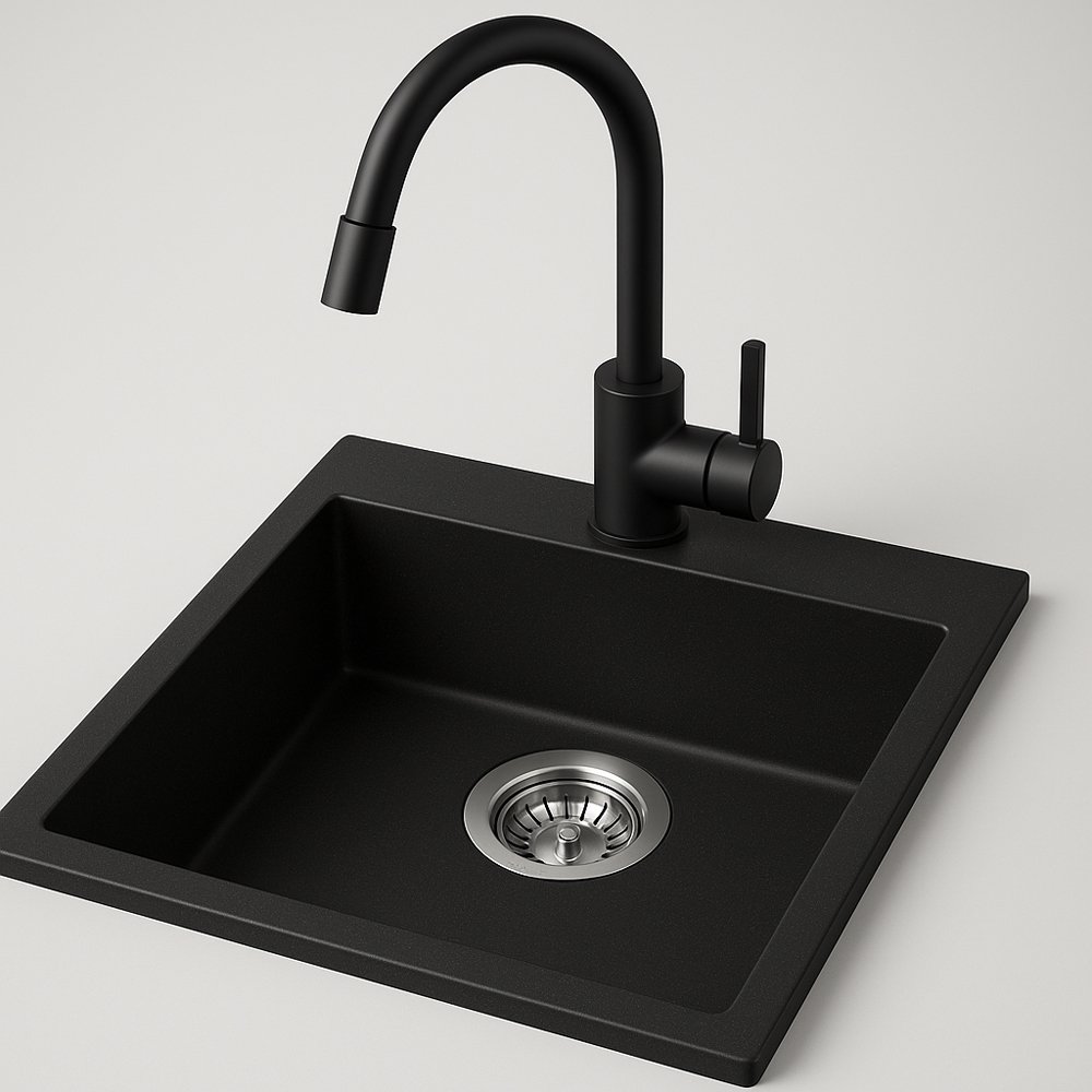 Plautuvės komplektas ODUS OD-350, 50 x 40 x 18,5 cm, akmens masės, juodos spalcos, komplekte juodas maišytuvas lanksčiu snapu