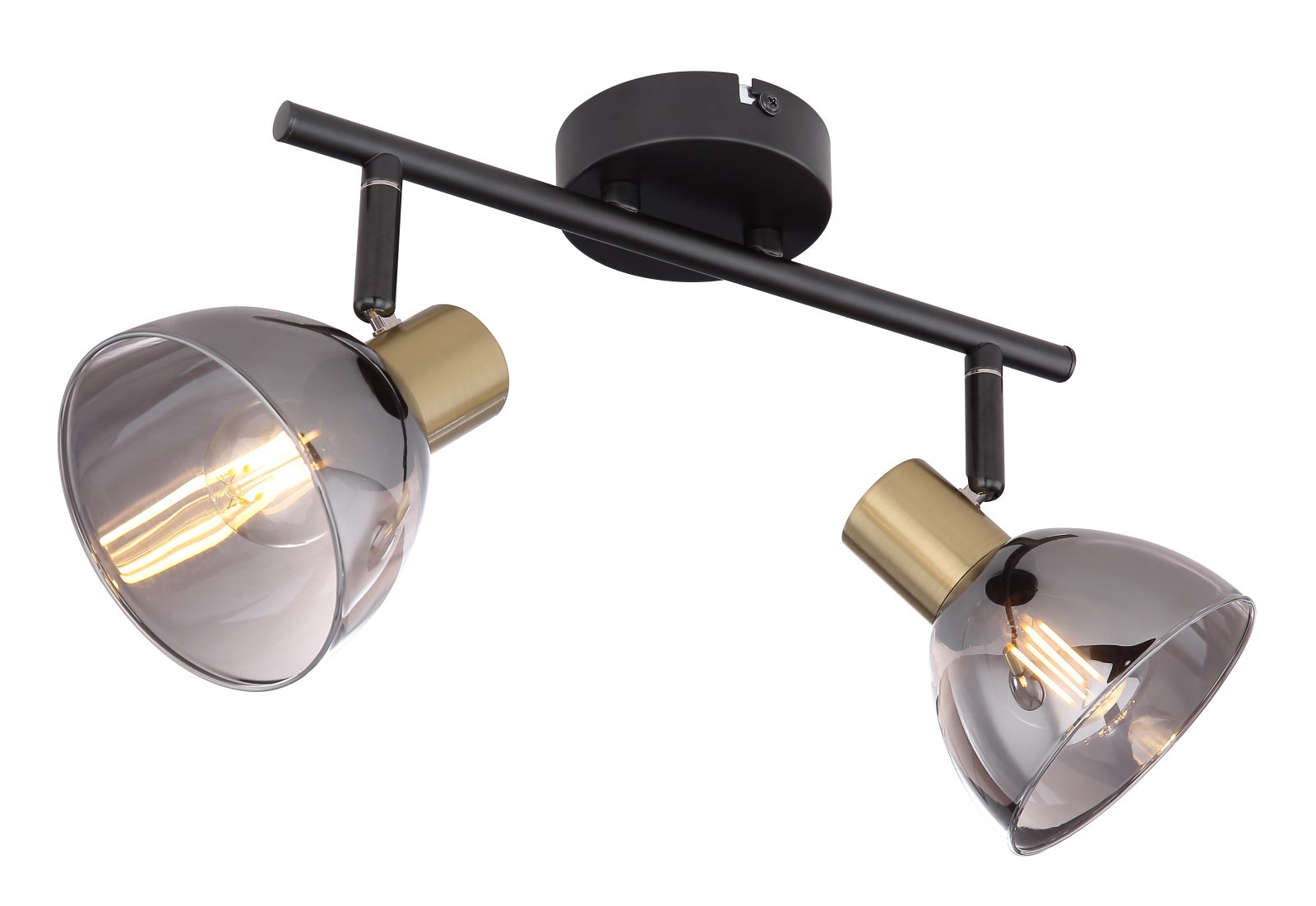 Kryptinis šviestuvas GLOBO Jay, E14, 2 x 25W, 230V, matinio žalvario / juodo metalo spalvos, dūmų spalvos stiklas, 300 x 110 x 175 mm, 54305-2