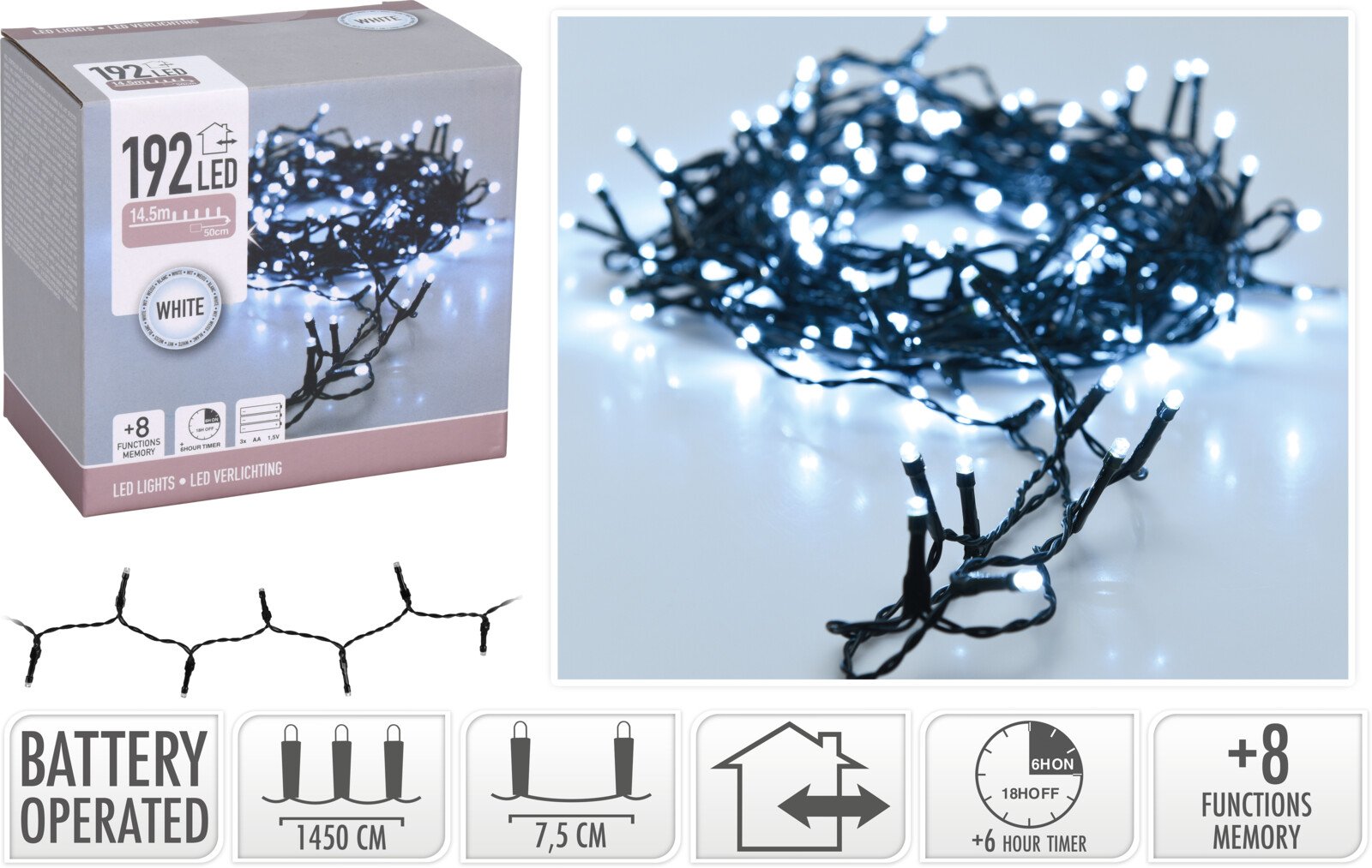 LED girlianda, 192 LED lempučių, šaltai baltos sp., ilgis 15 m, IP44