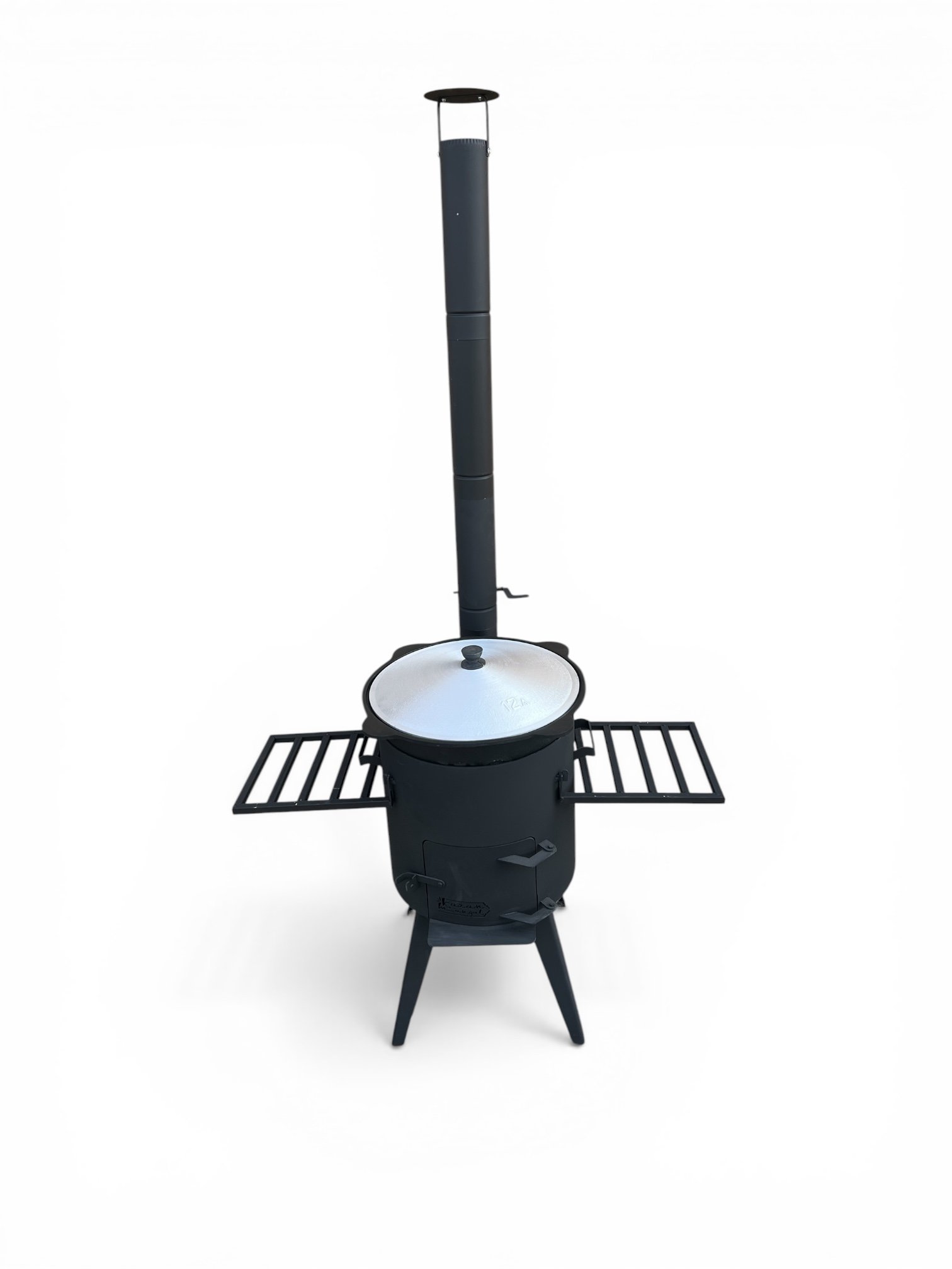 Krosnelė kazanui, su kaminu ir lentynomis, skersmuo 40cm, aukštis su kaminu 170 cm, plienas