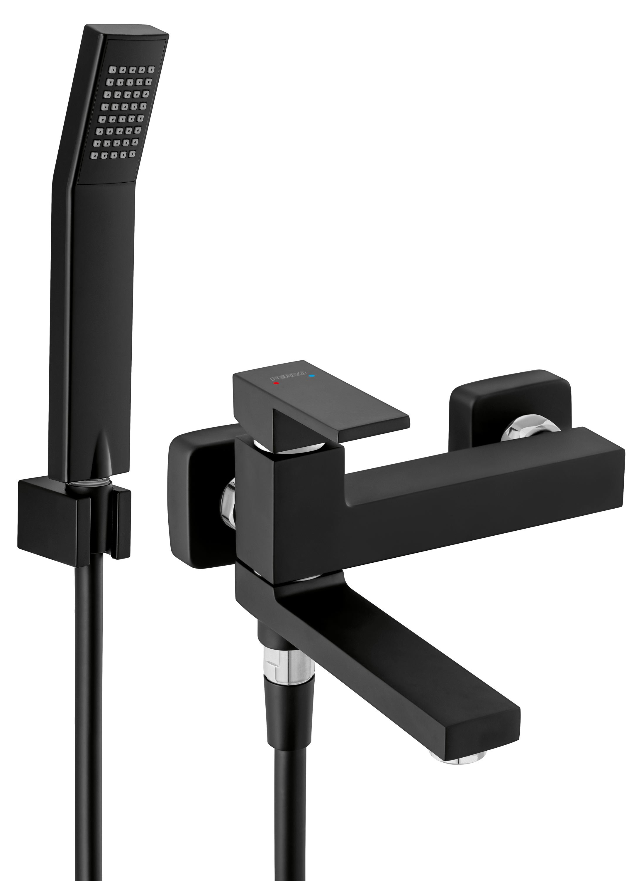 Vonios maišytuvas FERRO Staccato, su lankstomu snapu, dušo komplektu, juodas, BSD11RBL