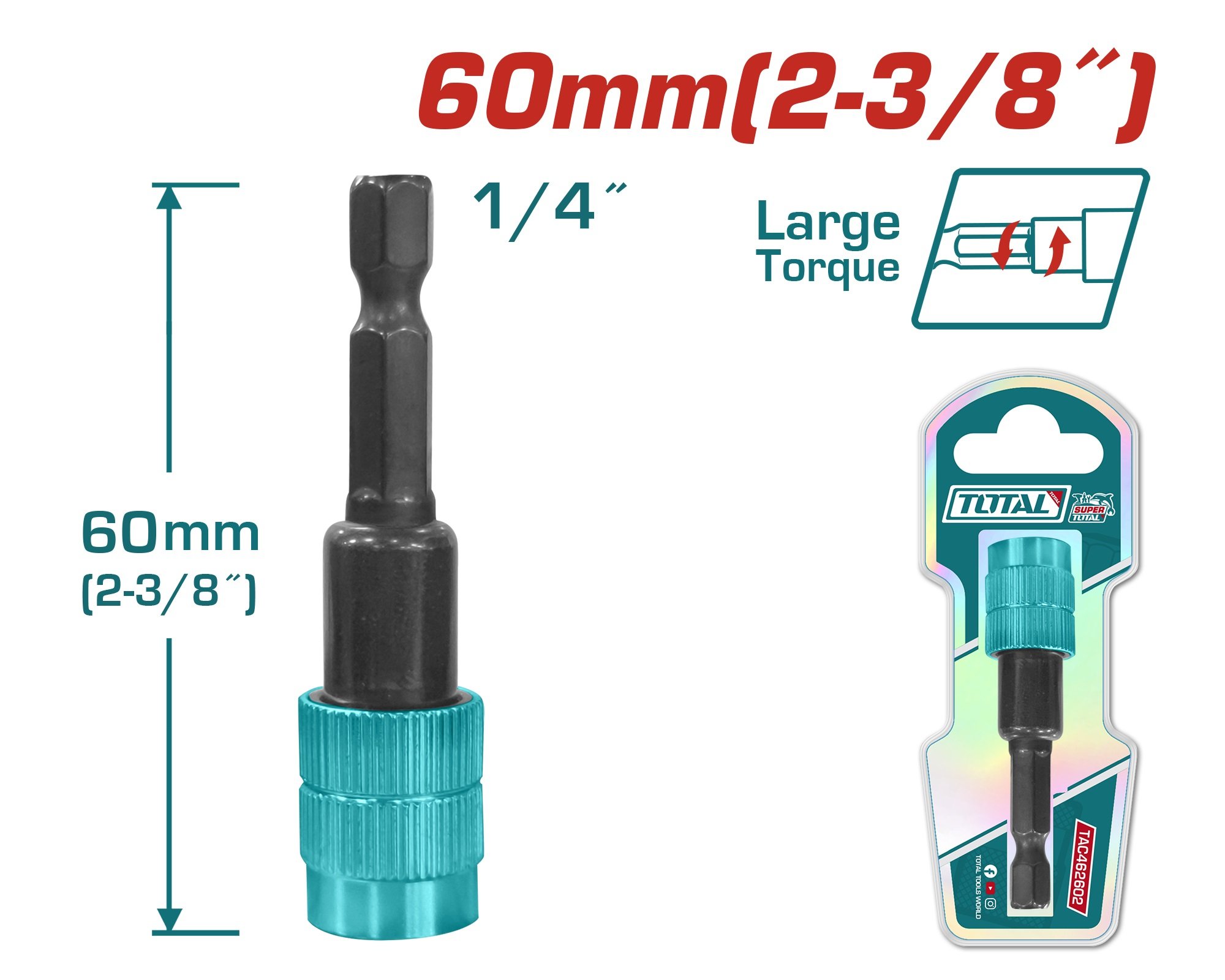 Atsuktuvų antgalių laikiklis TOTAL, su greito atleidimo funkcija, 1/4", 60 mm, TAC462602