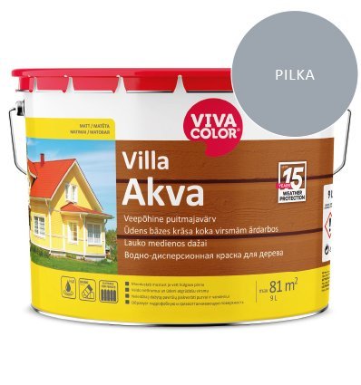Medinių fasadų dažai VIVACOLOR Villa Akva, 9 l, šviesiai pilkos RAL7040 sp.