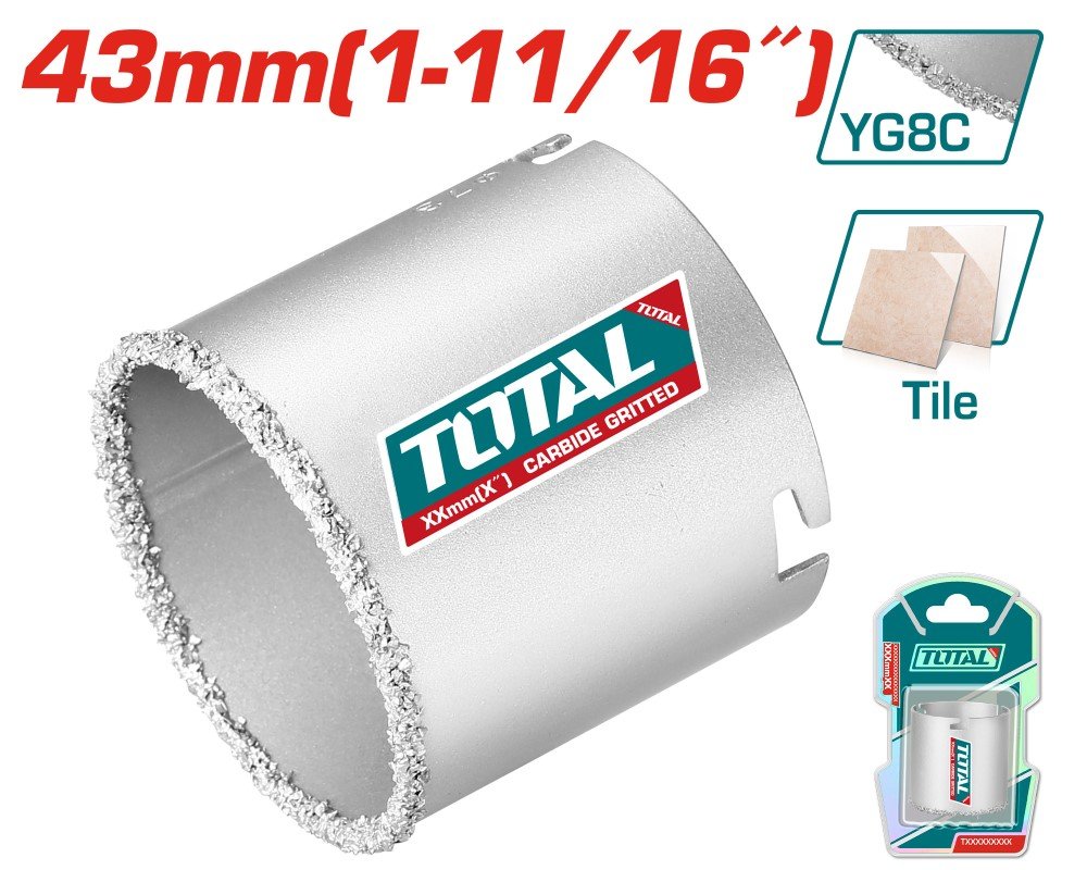 Gręžimo karūnėlė glazūrai TOTAL, YG8C+A3, 43 mm, TAC440431