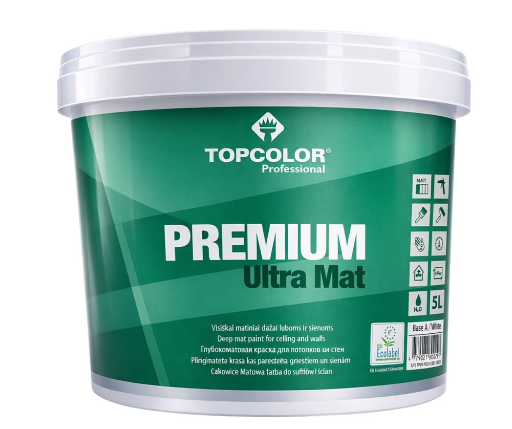 Vandeniniai vidaus dažai TOPCOLOR Premium Mat, 5 l, balti, matiniai, ypatingai atsparūs plovimui, sienoms ir luboms