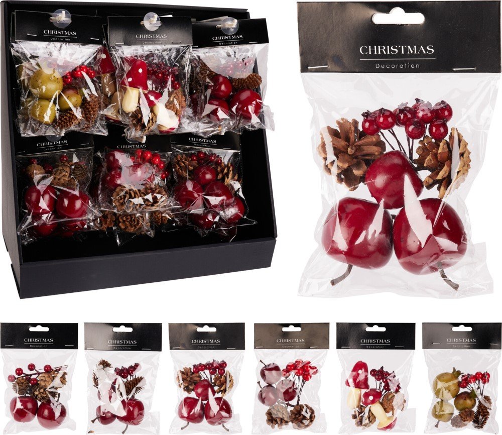 Kalėdinė dekoracija Maišelis su vaisiais, kankorėžiais ir grybais, 6 skirtingi dizainai, 25 g