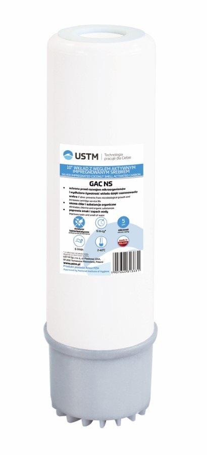 Vandens filtro kasetė USTM GAC NS, 10", granuliuotos aktyvintos sidabruotos anglies
