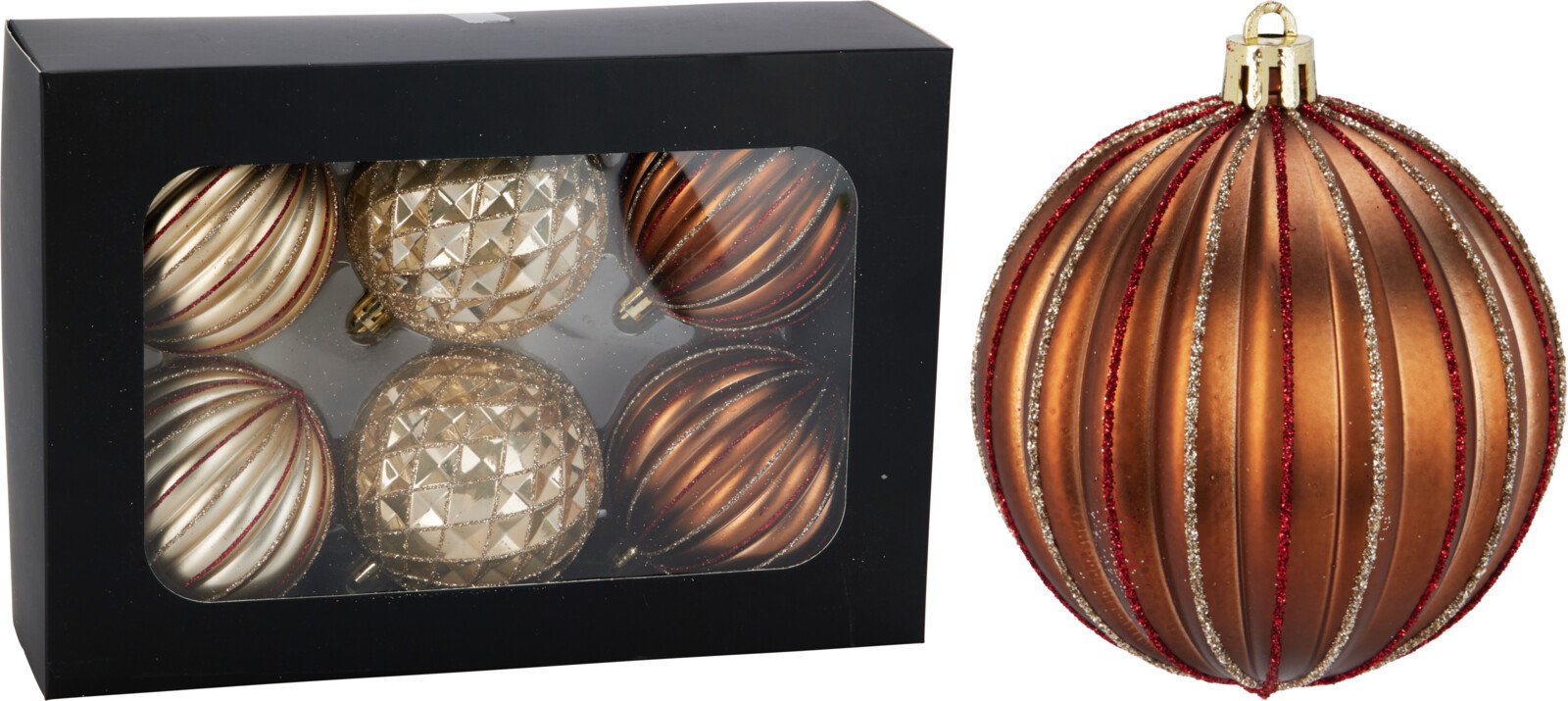 Eglutės žaisliukų rinkinys, 6 vnt., šviesiai rudos sp., skersmuo 8 cm.