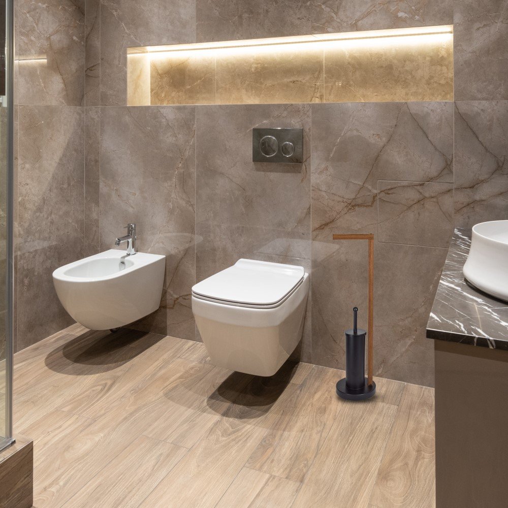 Tualeto šepetys su stovu SEPIO AURORA 2in1, 19 x 19 x 72,5 cm, pastatomas, plienas/medis, su tualetinio popieriaus laikikliu