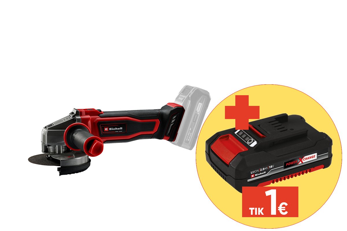 Akumuliatorinis kampinis šlifuoklis EINHELL TE-AG 18/125-2 Li - Solo, 18 V, švelnus startas, maks. disko skersmuo 125 mm, be akumuliatorių ir kroviklio