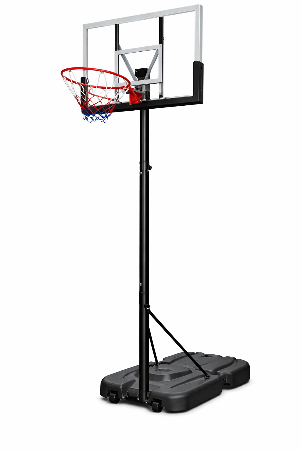 Krepšinio stovas M026, plienas, polikarbonatas, PE, juodos spalvos, d-45 cm, aukštis: 230-305 cm, lenta: 112x72 cm, pagrindas: 110x70x20 cm.