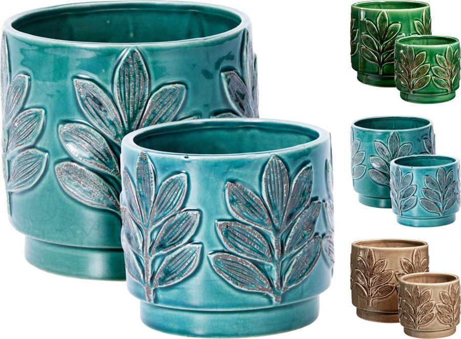 Kambarinis keraminis vazonas, su lapelių motyvais, 3 skirtingų sp., 12,5 x 12,5 x 11 cm.