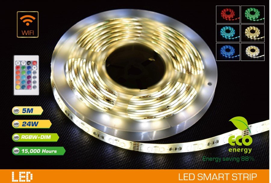 Išmaniosios šviesos diodų juostos komplektas SPECTOR LIGHT, 17611S+Tuya, LED 5m, 24W/m, IP20, RGB+W, dimer., valdoma telef. 12V, 60LED/m, kompl. 24 mygt. pultas, transform.220V-12V
