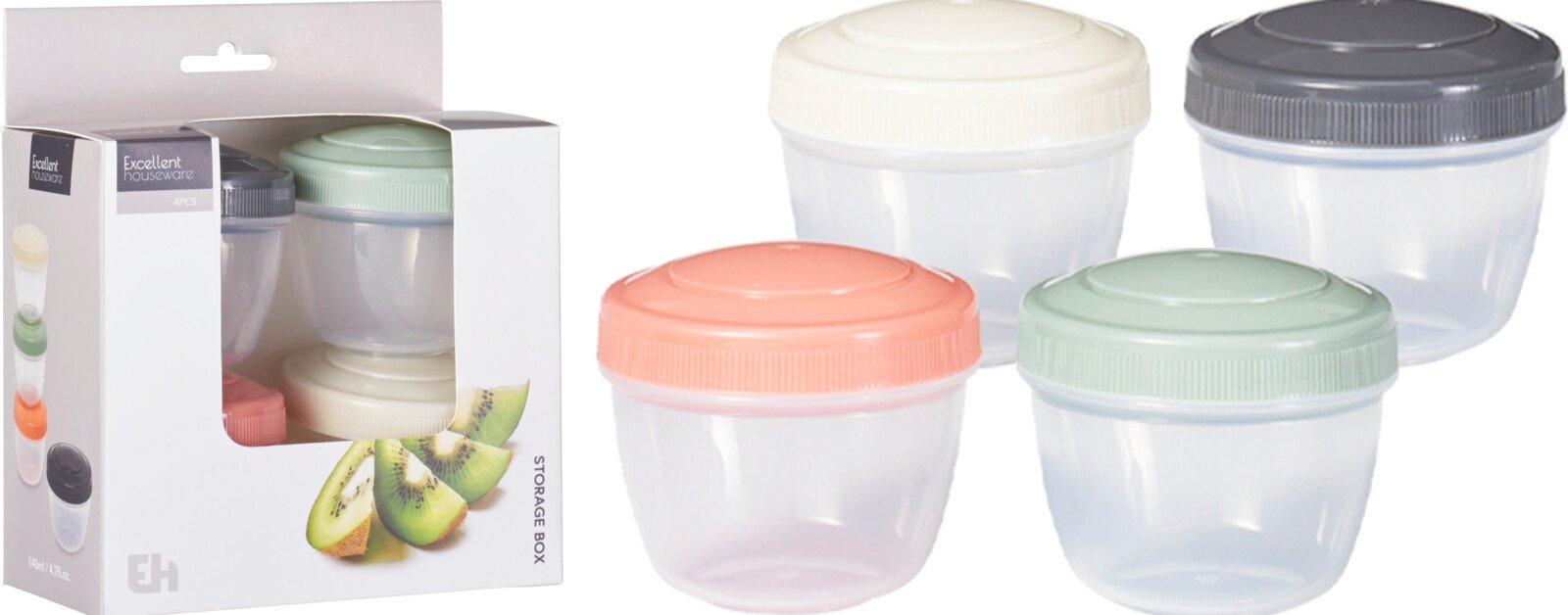 Produktų laikymo indelių rinkinys, 0,140 l, 4 vnt., skirtingų spalvų