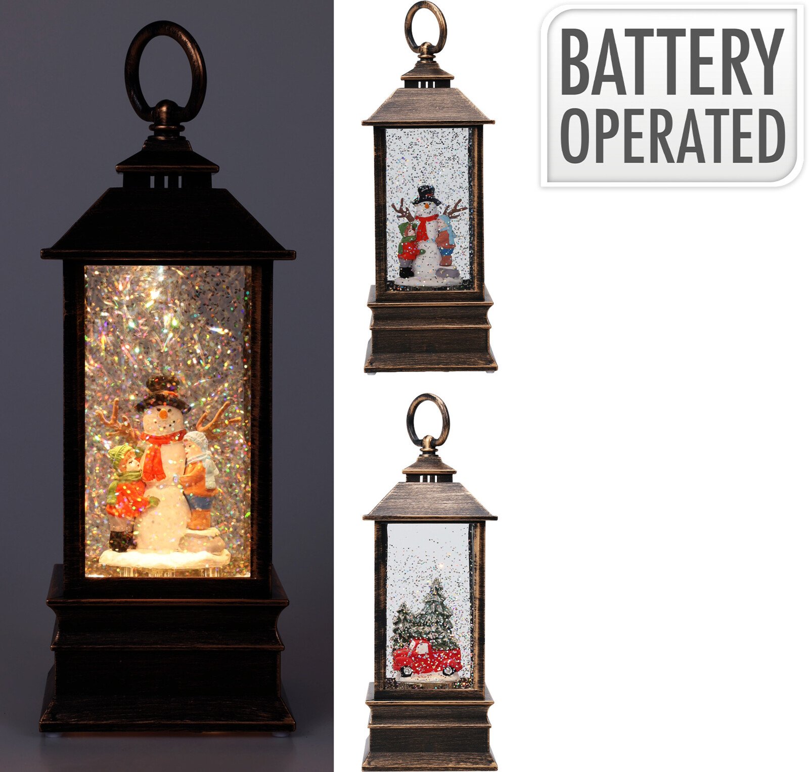 Kalėdinis LED žibintas, plastikinis, šiltos baltos sp., 2 skirtingi dizainai, 9 x 9 x 22,5 cm, 3 x AAA baterijos komplekte